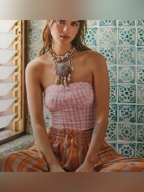 Free People Leilani Gingham Corset Tube Top. L